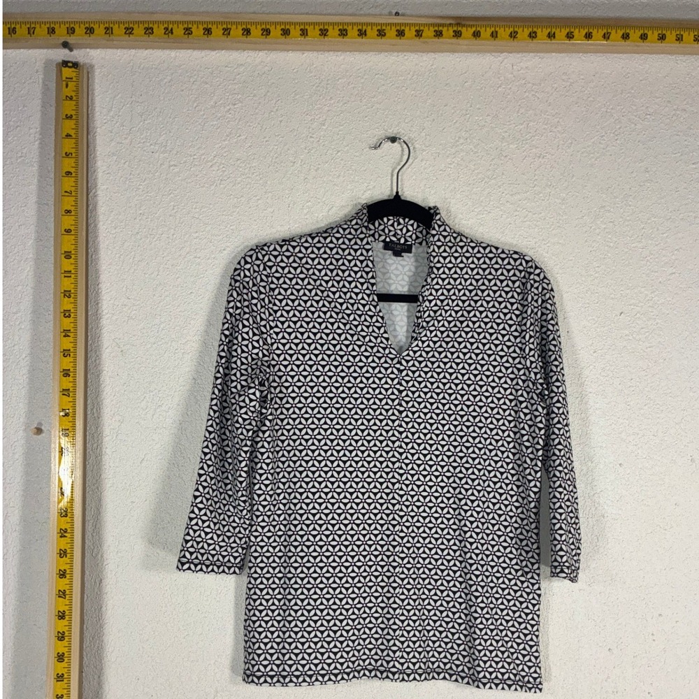 Talbots Black White Geometric Blouse Womens Small Petite Excellent 3/4 Sleeve